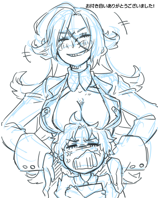 1boy, 1girl, age_difference, anger_vein, breast_rest, breasts, breasts_on_head, child