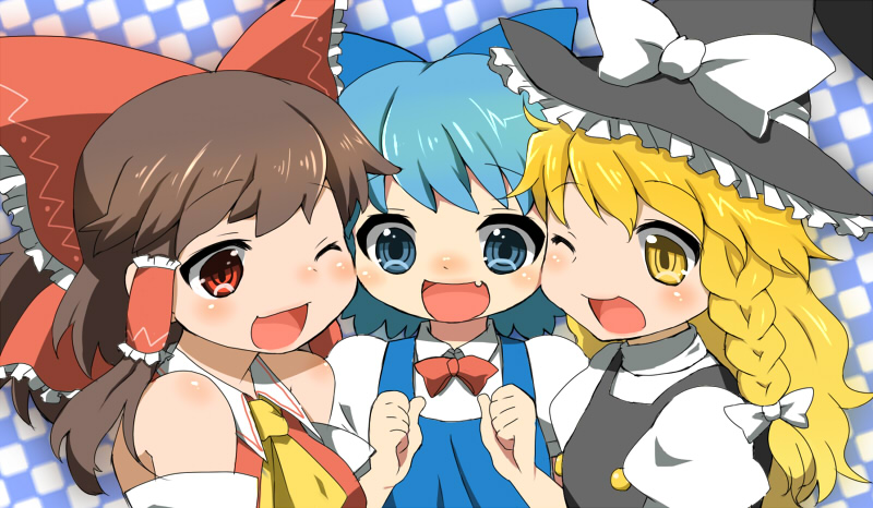 blue_eyes, blue_hair, bow, braid, brown_hair, cirno, detached_sleeves, hair_bow