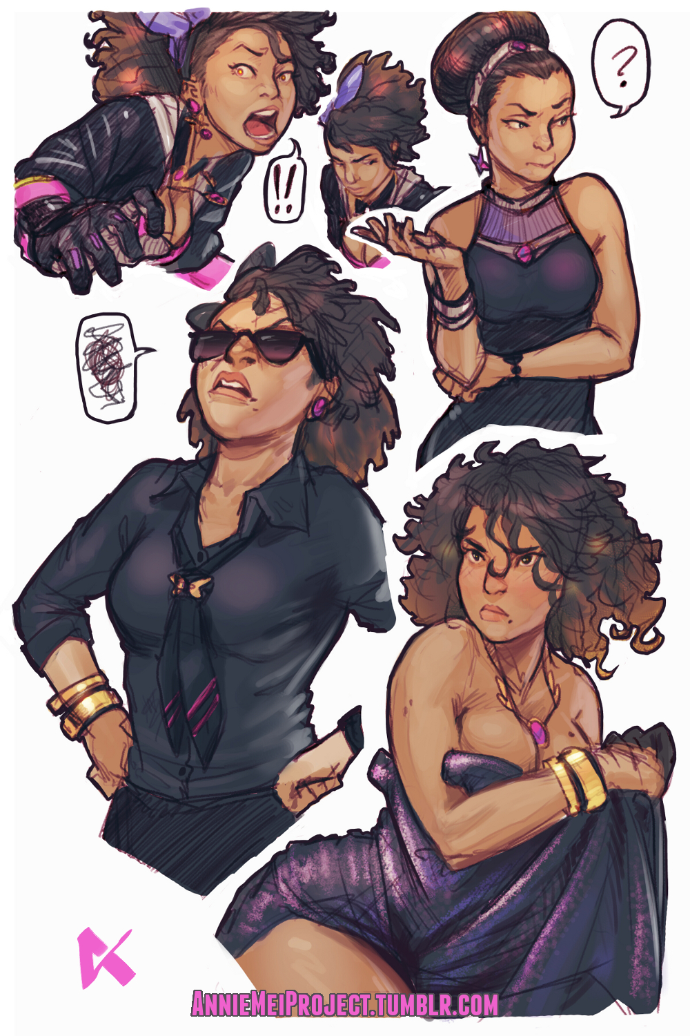 !!, 1girl, ?, alternate_costume, alternate_hairstyle, annie_mei_project, bare_shoulders, black_hair