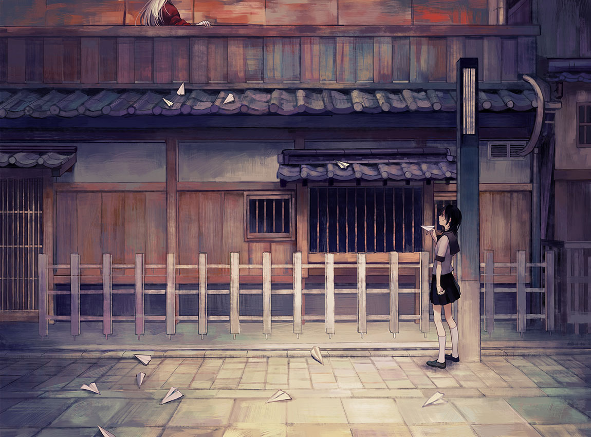 1girl, architecture, black_hair, building, commentary, east_asian_architecture, long_hair, looking_at_another