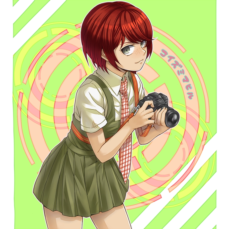 1girl, :3, bob_cut, brown_eyes, camera, dangan_ronpa, dress_shirt, freckles