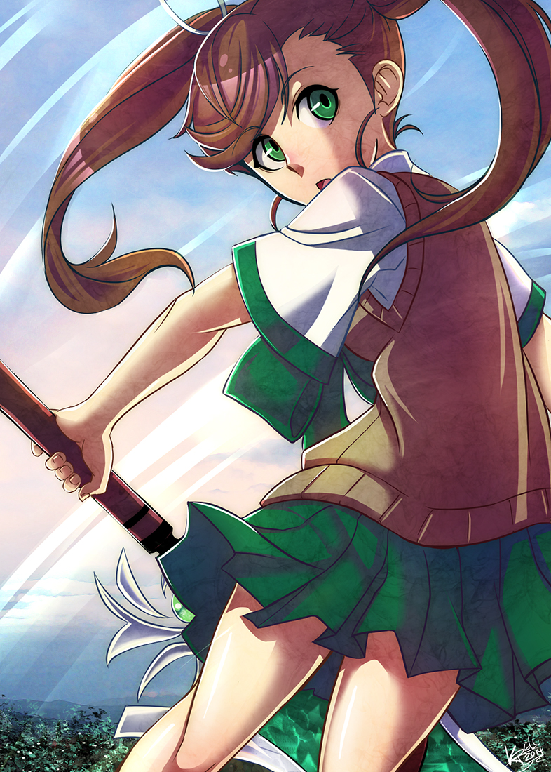 1girl, brown_hair, fighting_stance, green_eyes, leafmonarch, long_hair, nanase_(under_night_in-birth), school_uniform