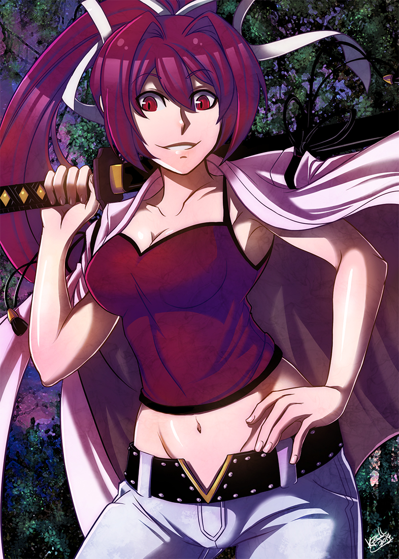 1girl, breasts, cleavage, hair_intakes, hair_ribbon, hand_on_hip, jacket_on_shoulders, leafmonarch, long_hair, midriff, navel, open_fly, over_shoulder, ponytail, purple_hair, red_eyes, ribbon, sheath, sheathed, solo, spaghetti_strap, sword, tank_top, under_night_in-birth, unzipped, weapon, weapon_over_shoulder, yuzuriha_(under_night_in-birth)