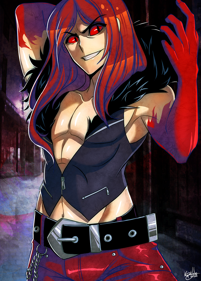 1boy, abs, belt, carmine, fur_collar, grin, leafmonarch, long_hair