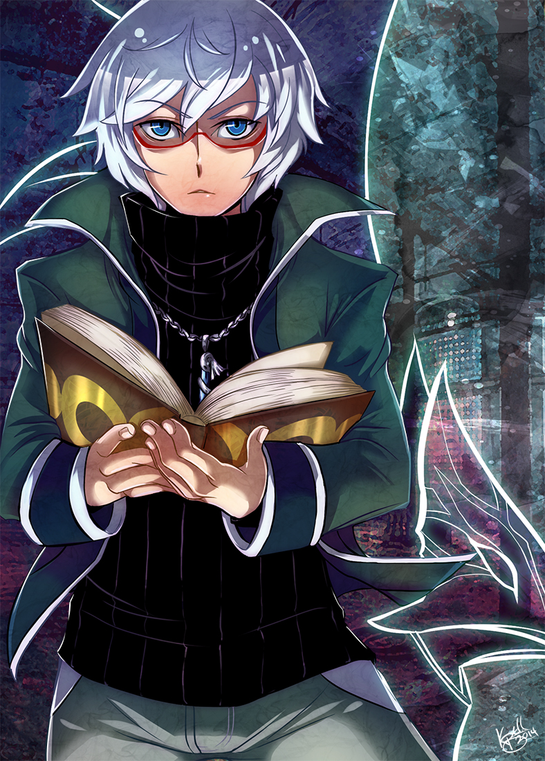 1boy, book, chaos_(under_night_in-birth), glasses, green_eyes, leafmonarch, looking_at_viewer, open_book