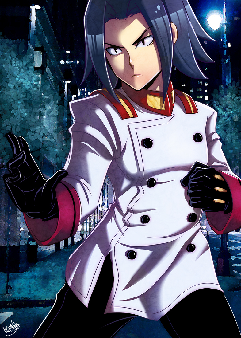 1boy, akatsuki_(akatsuki_blitzkampf), akatsuki_blitzkampf, black_gloves, black_hair, fighting_stance, gloves, leafmonarch