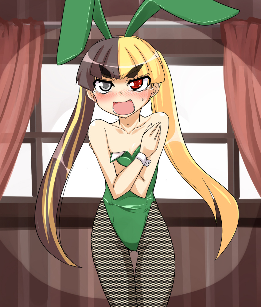 1girl, bare_shoulders, blonde_hair, blush, brown_hair, bunnysuit, female, flat_chest