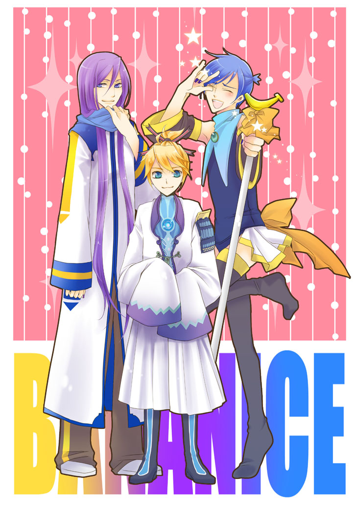 \m/, aqua_eyes, blonde_hair, blue_eyes, blue_hair, chimaki_(artist), cosplay, detached_sleeves