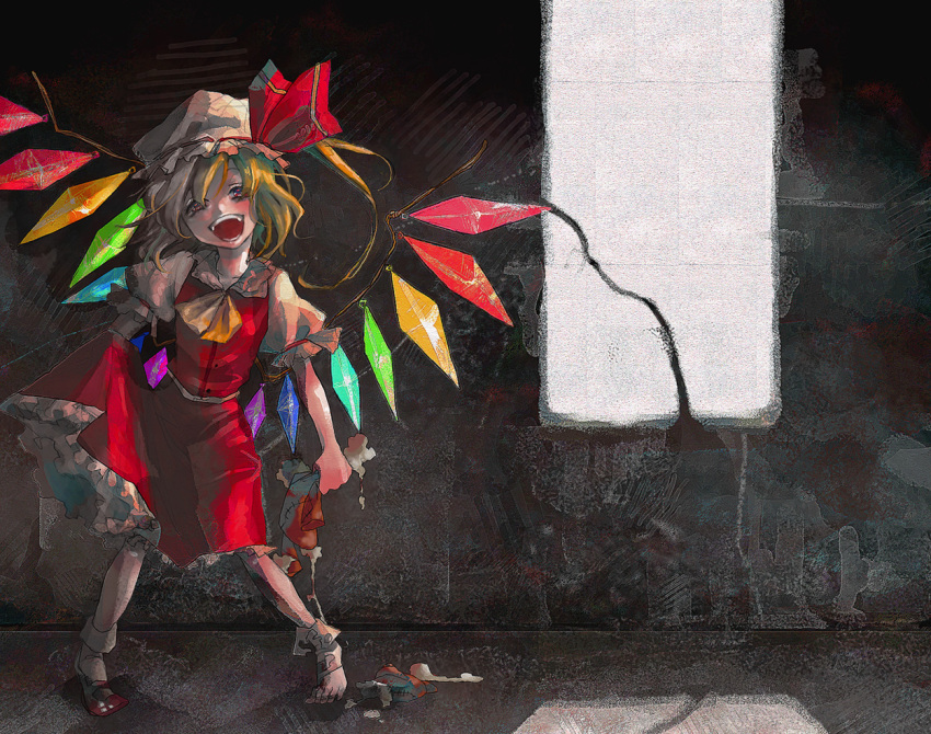 dress, flandre_scarlet, grey_background, hat, honey92, mary_janes, open_mouth, rainbow_order