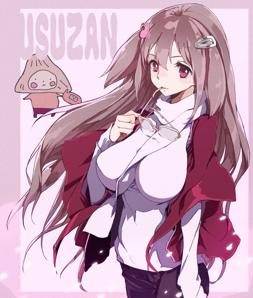 1girl, brown_hair, casual, english, glasses, glasses_in_mouth, hair_ornament, hairclip