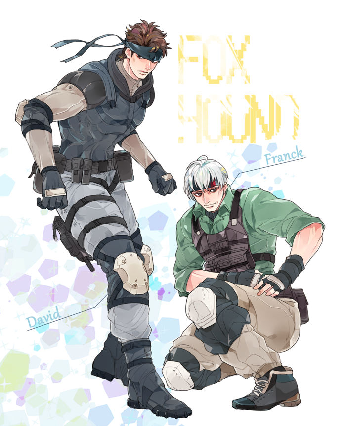 2boys, bandana, brown_hair, frank_jaeger, grey_hair, metal_gear_(series), metal_gear_2, metal_gear_solid