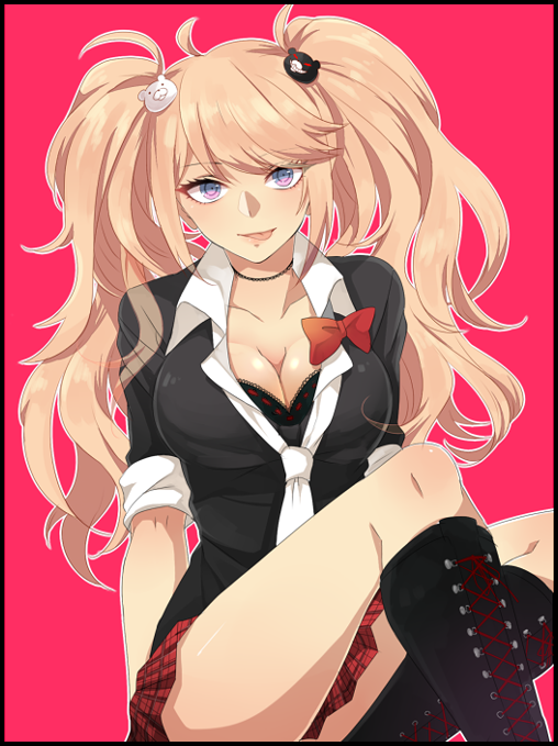 1girl, dangan_ronpa, enoshima_junko, hinase_kei, long_hair, necktie, pink_background, pink_hair