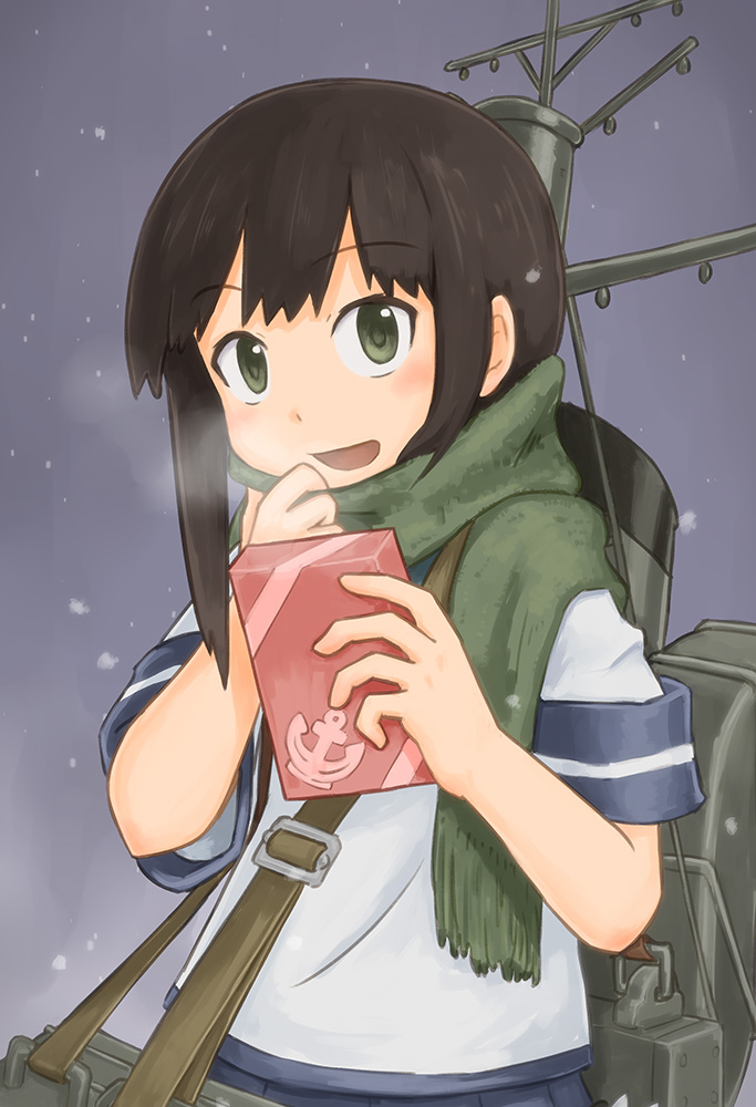 1girl, :d, amearare, anchor_symbol, black_hair, box, colored, fubuki_(kantai_collection)