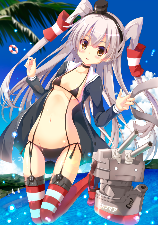 1girl, amatsukaze_(kantai_collection), bikini, black_bra, blush, bra, brown_eyes, choker