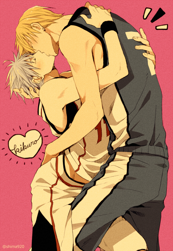 2boys, adam's_apple, arched_back, artist_name, basketball_uniform, blonde_hair, blue_hair, blush, closed_eyes, clothes_writing, couple, earrings, heart, height_difference, hip_lines, jewelry, kise_ryouta, kiss, kuroko_no_basuke, kuroko_tetsuya, male, mashima_shima, multiple_boys, pink_background, short_hair, sleeveless, sportswear, standing, straddling, thigh_straddling, upright_straddle, wristband, yaoi