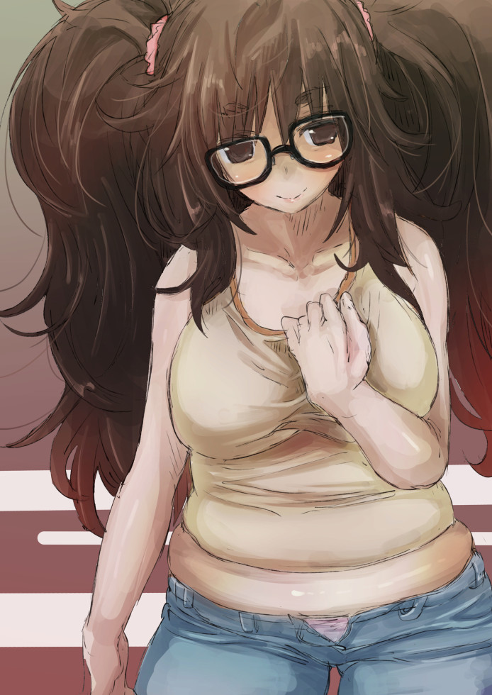 1girl, alternate_hairstyle, bare_shoulders, black-framed_glasses, brown_eyes, brown_hair, denim, fate/extra_ccc