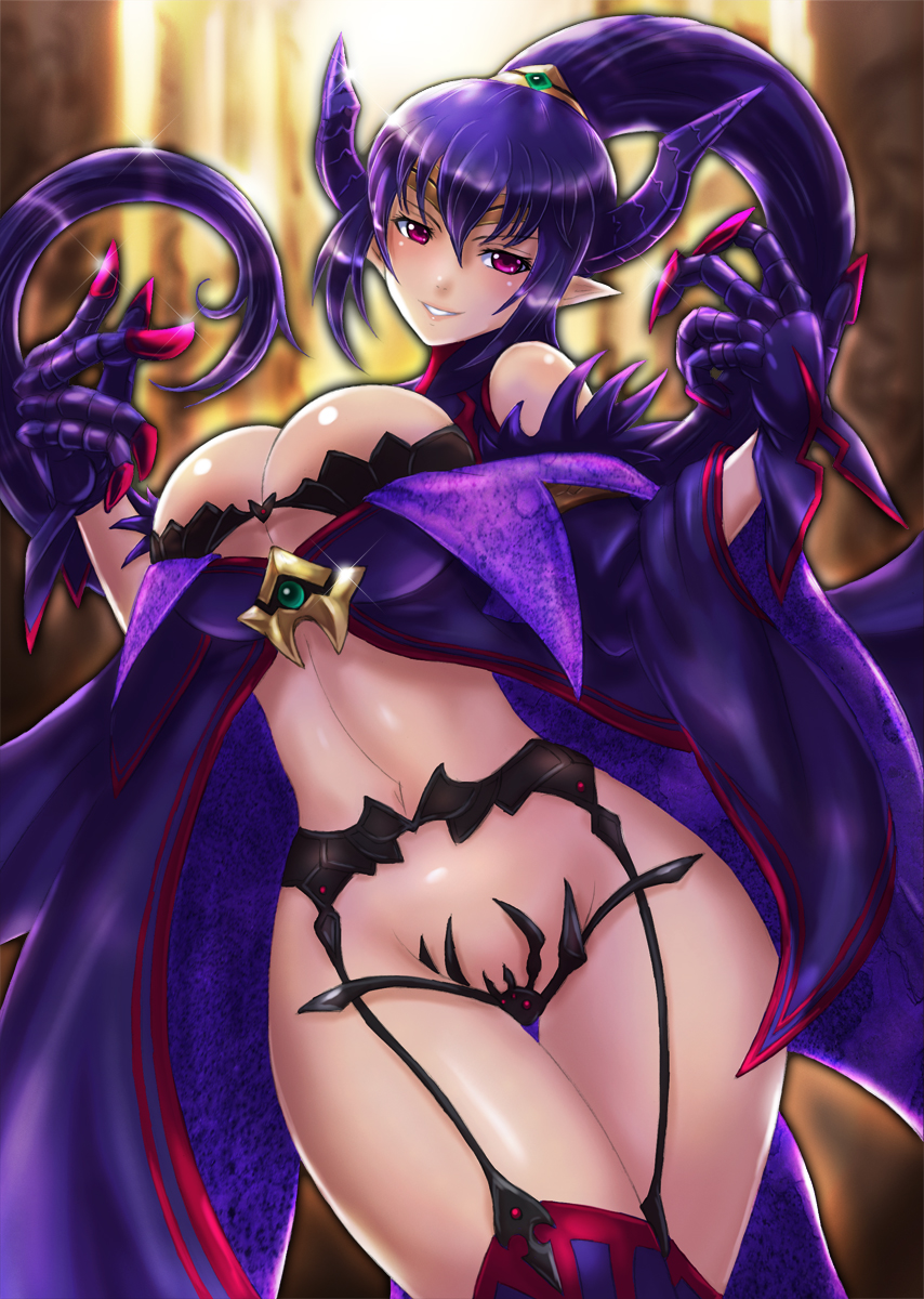 1girl, boken_fantasy, garter_belt, garter_straps, gloves, grin, highres, horns