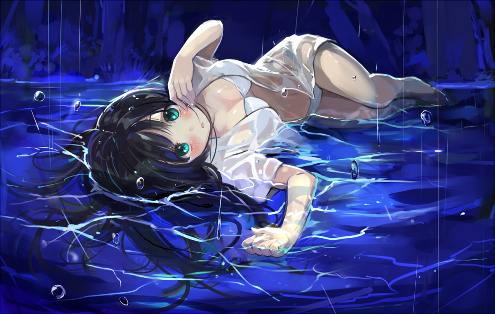1girl, bikini, black_hair, bubble, green_eyes, in_water, long_hair, looking_at_viewer