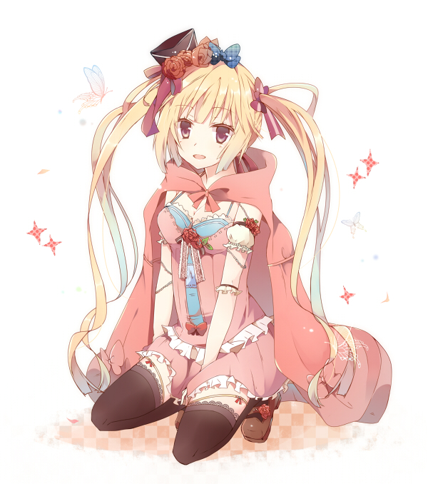 1girl, :d, black_legwear, blonde_hair, breasts, butterfly, capelet, cleavage, grey_eyes, hair_ornament, hat, karneval, long_hair, open_mouth, sitting, smile, sxupxdxxy, thigh-highs, tsukumo_(karneval), twintails, zettai_ryouiki