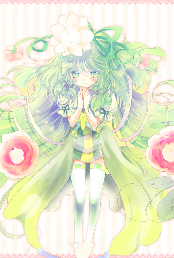 1girl, alraune_(p&amp;d), bangs, blush, flower, frills, full_body, green_hair