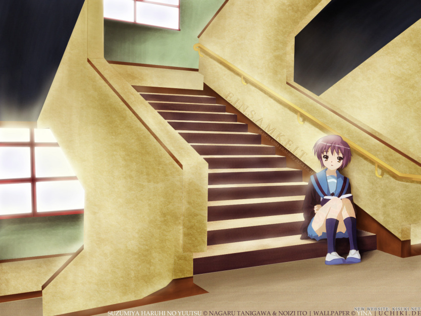 book, nagato_yuki, purple_hair, staircase, suzumiya_haruhi_no_yuuutsu, uwabaki