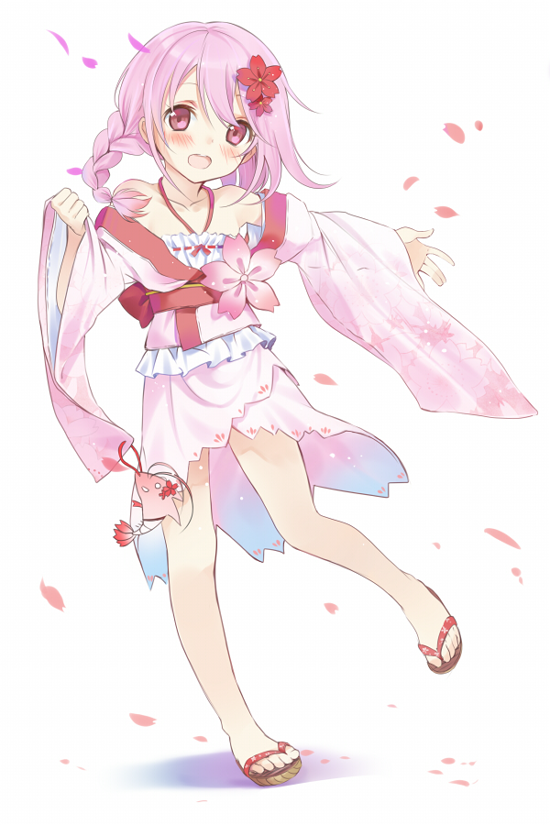 1girl, :d, bare_shoulders, braid, collarbone, detached_sleeves, flower, flower_on_head