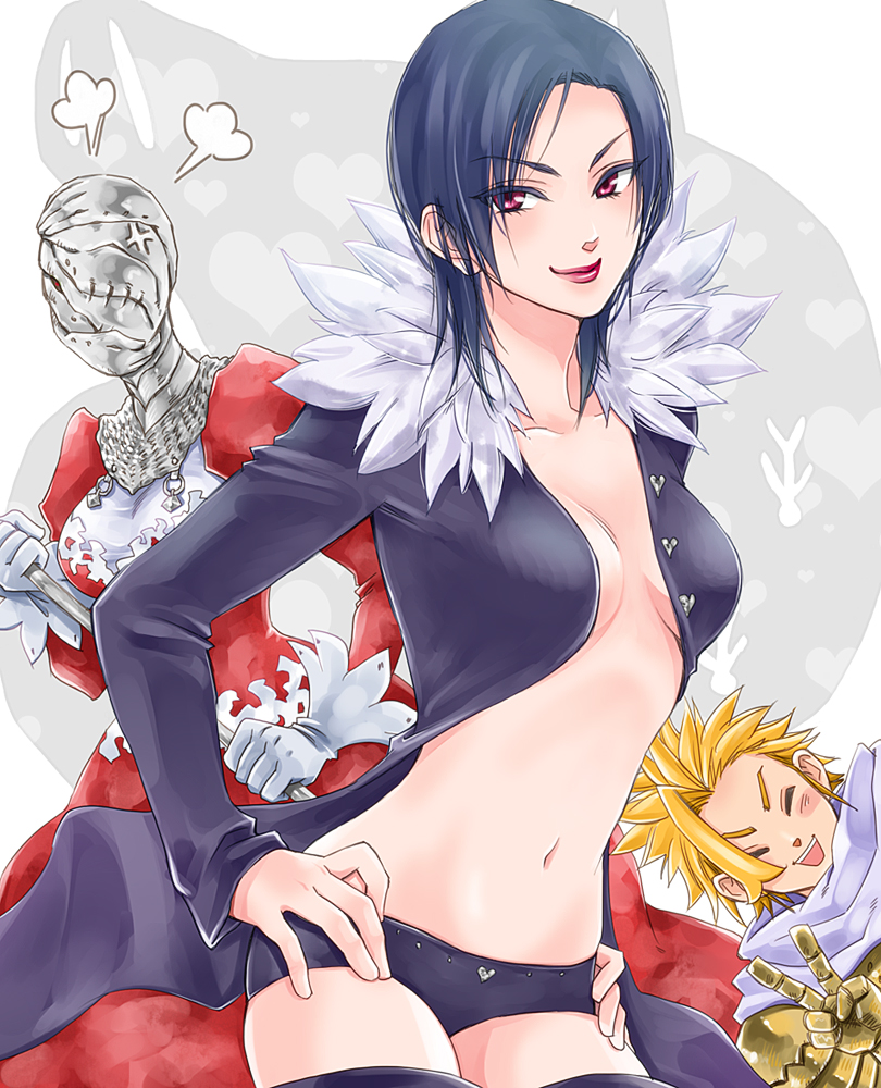 1boy, 2girls, armor, arthur_pendragon_(nanatsu_no_taizai), black_hair, black_legwear, black_panties, blonde_hair, blush, breasts, closed_eyes, dress, eyelashes, fur, fur_trim, gloves, happy, jacket, lipstick, looking_at_viewer, makeup, mask, merlin_(nanatsu_no_taizai), multiple_girls, nanatsu_no_taizai, navel, nekojitafuufuu, no_bra, open_mouth, panties, red_dress, short_hair, sideboob, smile, spiky_hair, spoilers, standing, thigh-highs, thighs, underwear, v, violet_eyes, vivian_(nanatsu_no_taizai), zettai_ryouiki