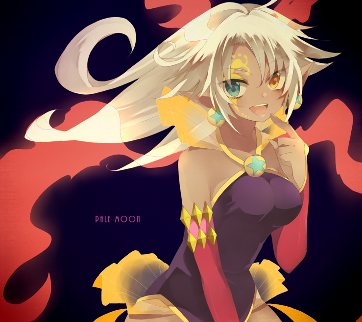 1girl, :d, cardfight!!_vanguard, character_request, dark_skin, elbow_pads, finger_to_mouth, heterochromia