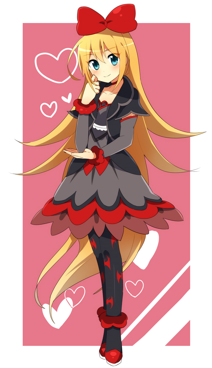 1girl, blonde_hair, blue_eyes, bow, choker, detached_sleeves, dokidoki!_precure, hair_bow, hair_ornament, hair_ribbon, highres, long_hair, looking_at_viewer, pantyhose, precure, regina_(dokidoki!_precure), ribbon, saibi, smile, solo, standing, very_long_hair