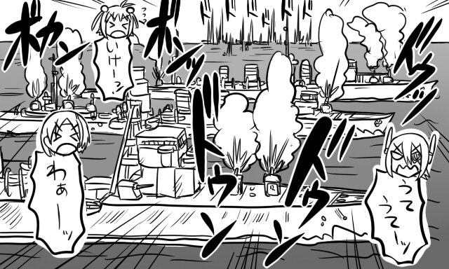 >_<, 3girls, ahoge, comic, cruiser, double_bun, eyepatch, firing