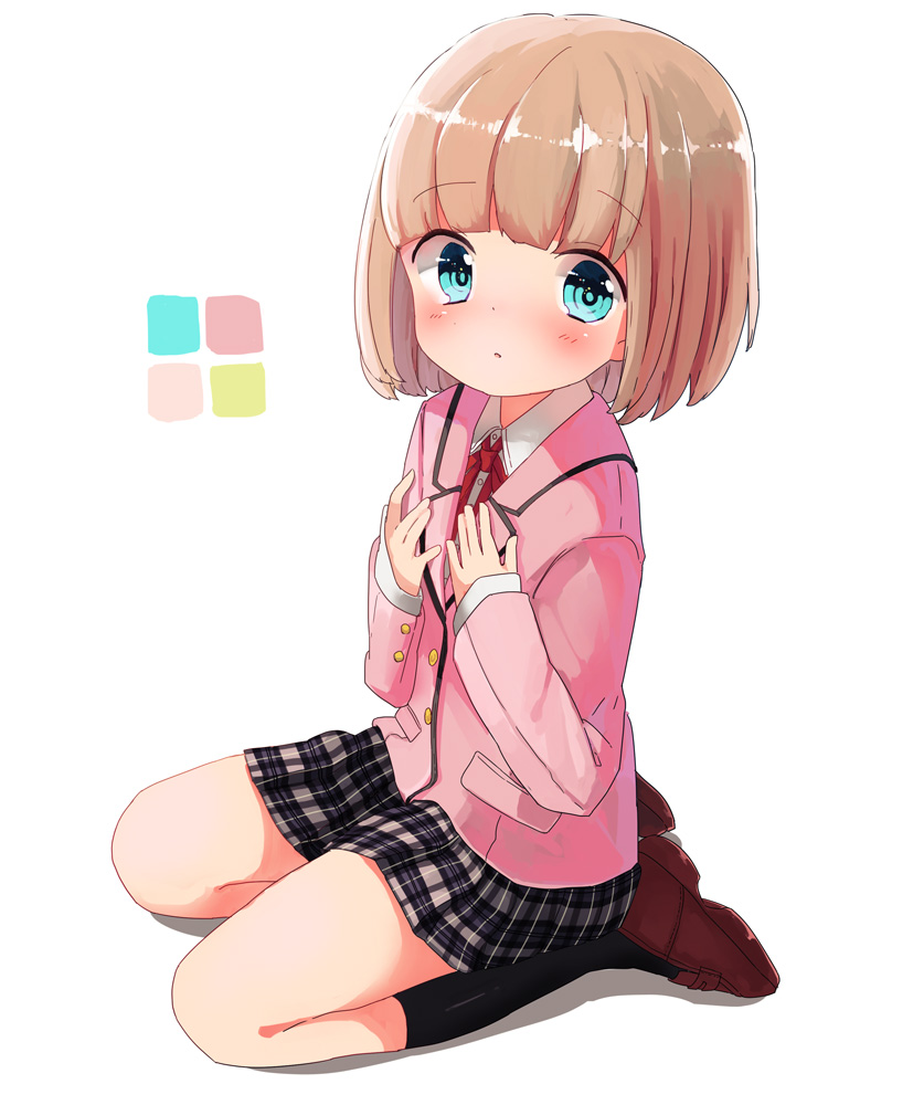 1girl, black_legwear, blue_eyes, brown_hair, hands_on_own_chest, kinokoko-kino, looking_at_viewer, original