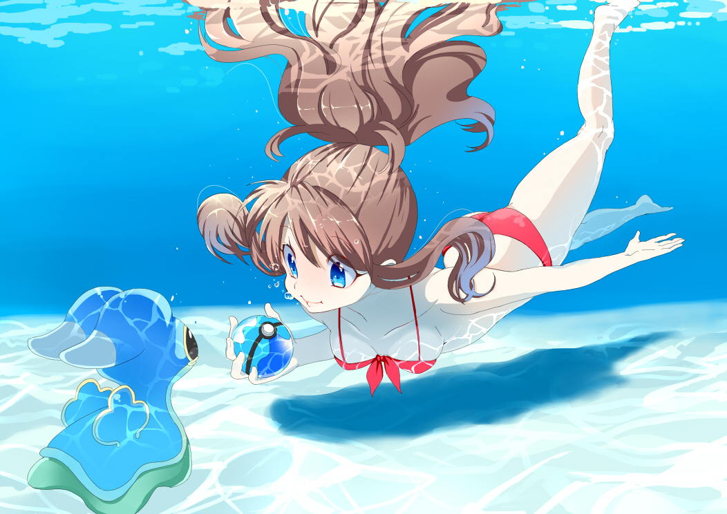 1girl, bikini, blue_eyes, brown_hair, character_request, long_hair, poke_ball, ponytail