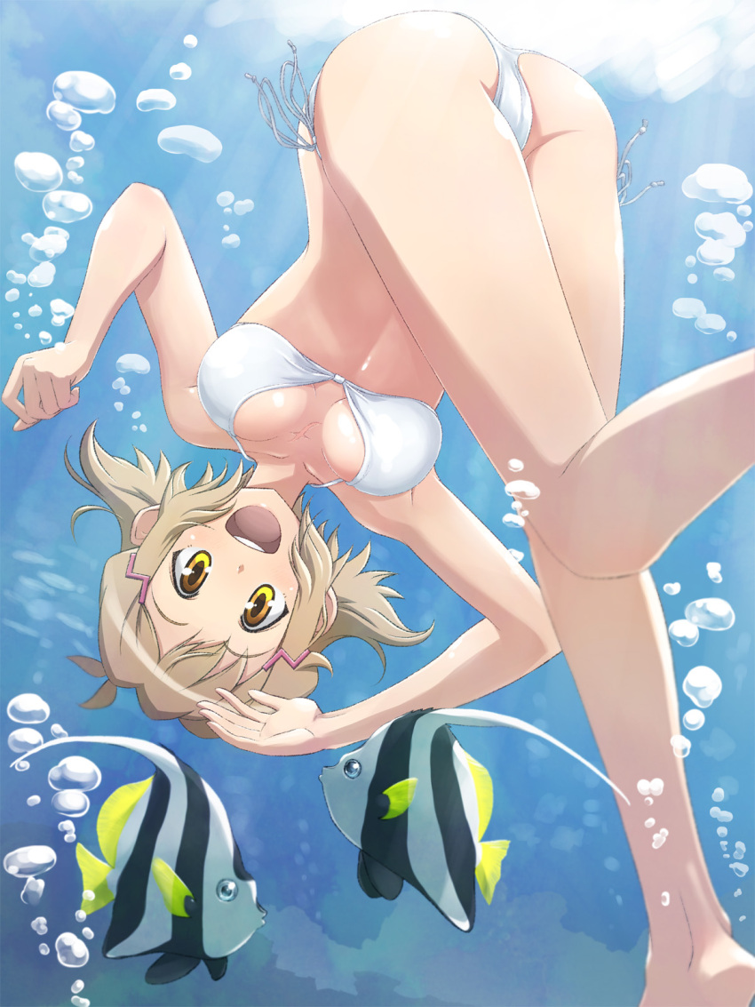 1girl, ass, bikini, breasts, brown_hair, bubble, cleavage, feet