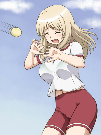 1girl, awa, bike_shorts, blonde_hair, closed_eyes, clouds, gym_uniform, jinsei