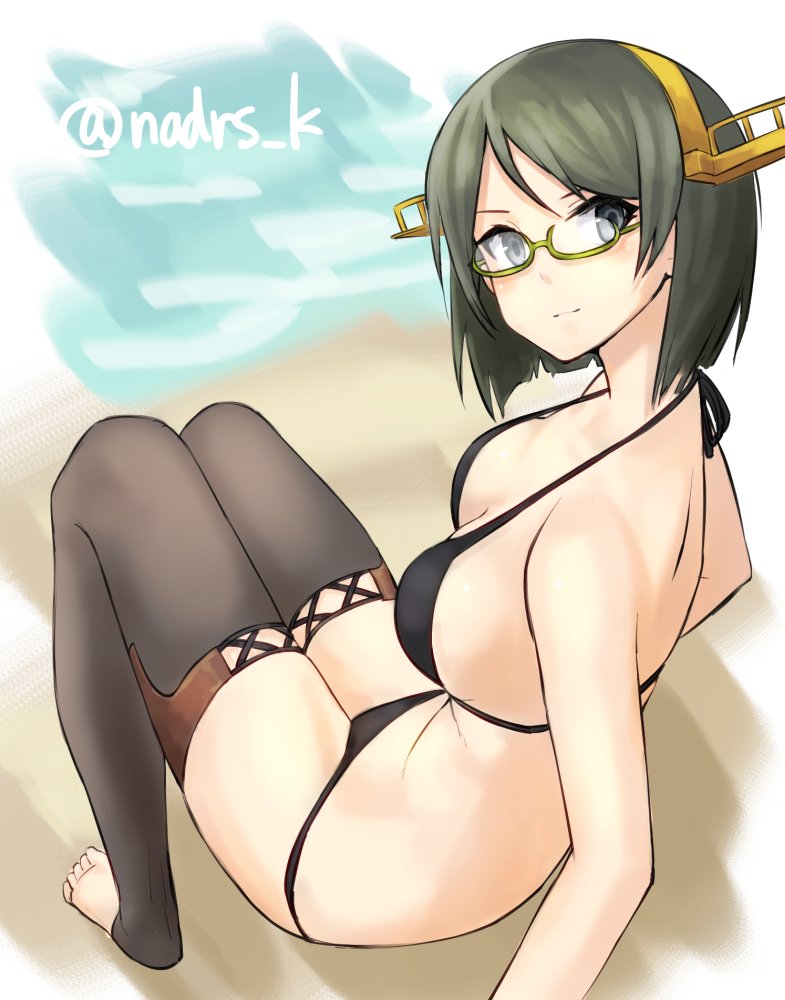 1girl, bikini, black_bikini, black_eyes, black_hair, black_legwear, glasses, green-framed_glasses