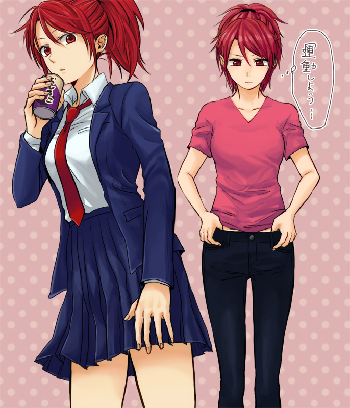 1girl, can, casual, denim, drink, houjou_wakana, jako, jeans