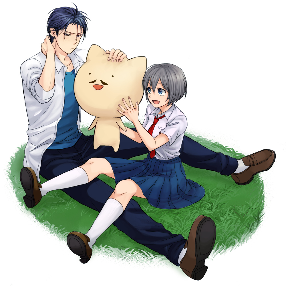 1boy, 1girl, black_hair, blue_eyes, facial_hair, grey_hair, jako, kurosaki_mafuyu