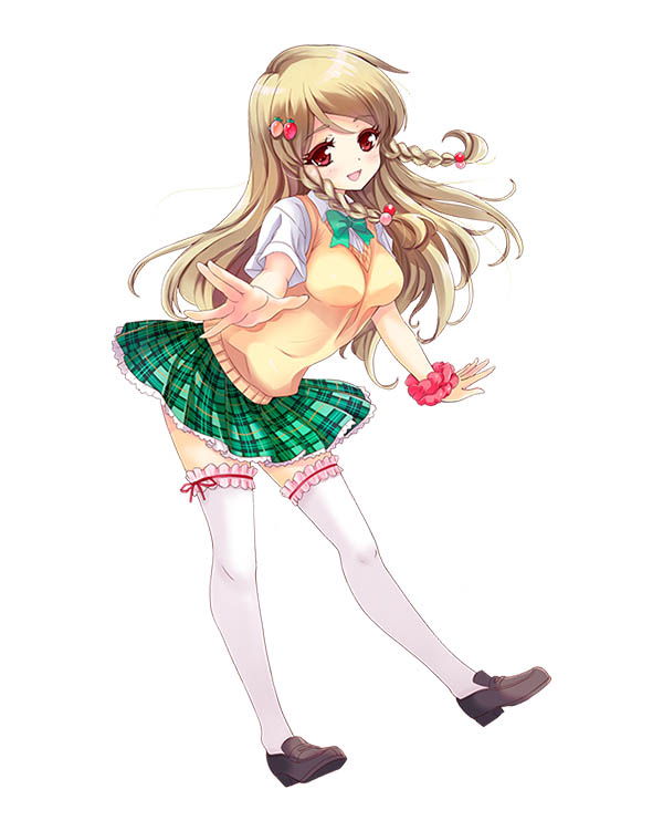 blonde_hair, braids, character_sheet, girlfriend_(kari), kohinata_ichigo, long_hair, official_art, red_eyes, seifuku, smile, thigh_highs