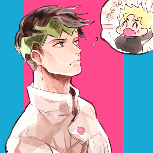 2boys, black_hair, headband, hirose_kouichi, jojo_no_kimyou_na_bouken, kishibe_rohan, lowres, multiple_boys, oreha00701