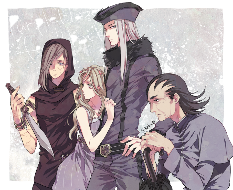 1girl, 3boys, angelica_attanasio, black_hair, brown_hair, dagger, dolly_dagger, fuhmin