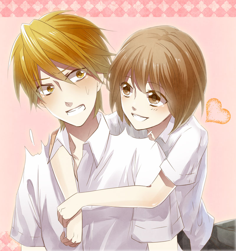 1boy, 1girl, blonde_hair, brown_eyes, brown_hair, hayasaka_(oresama_teacher), hug, hug_from_behind