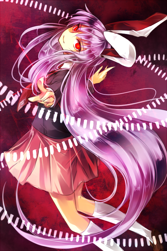 1girl, animal_ears, bullet, danmaku, gradient, gradient_background, head_back, kneehighs, kozuki_kai, light_smile, long_hair, looking_at_viewer, necktie, pointing, pointing_at_viewer, purple_hair, rabbit_ears, red_background, red_eyes, reisen_udongein_inaba, skirt, solo, suit_jacket, touhou, very_long_hair, white_legwear