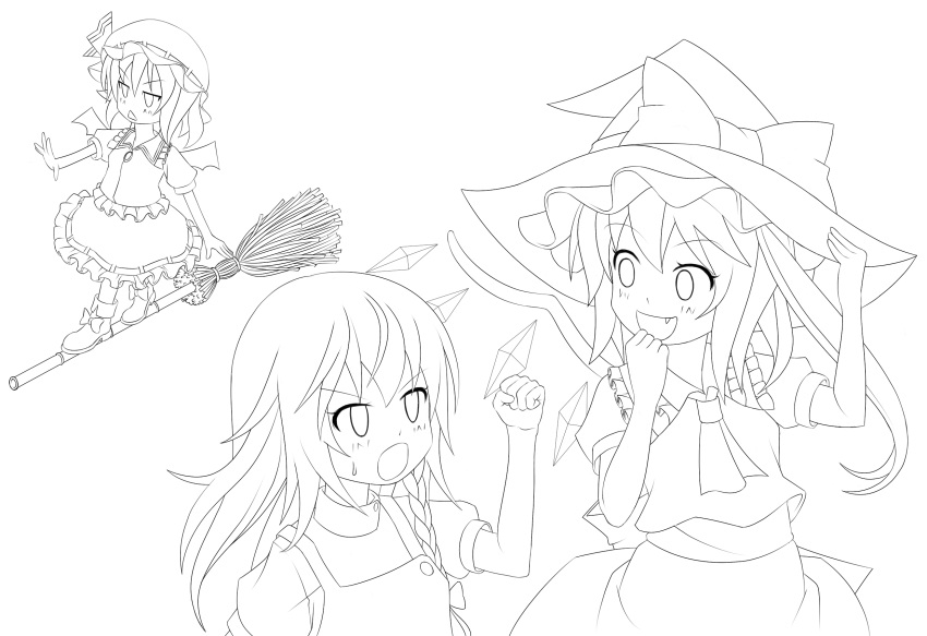 balancing, bat_wings, braid, broken_thumbnail, broom, fang, flandre_scarlet, hat