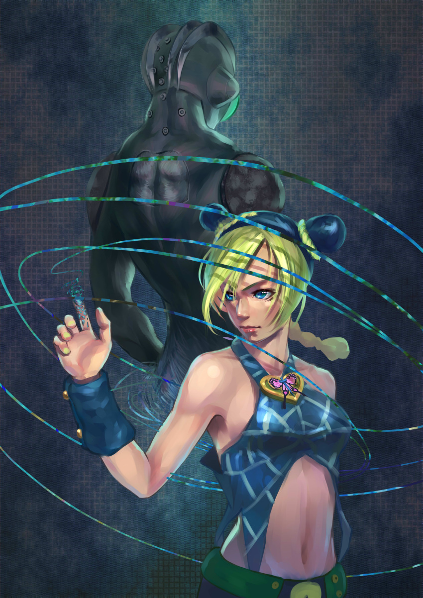 2girls, absurdres, blue_eyes, blue_hair, double_bun, green_hair, highres, jojo_no_kimyou_na_bouken
