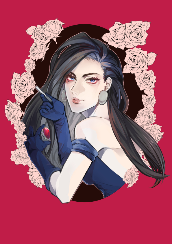 1girl, black_hair, cigarette, earrings, elbow_gloves, flower, gloves, jewelry