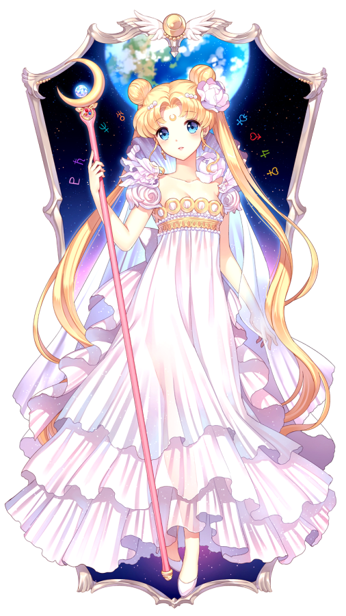 1girl, bishoujo_senshi_sailor_moon, blonde_hair, blue_eyes, breasts, cape, cleavage, crescent_moon_symbol, double_bun, dress, earrings, earth, eyebrows_visible_through_hair, facial_mark, female, flower, forehead_mark, full_body, hair_flower, hair_ornament, hairpin, jewelry, layered_dress, long_dress, long_hair, looking_at_viewer, nardack, parted_bangs, parted_lips, princess_serenity, solo, staff, standing, twintails, very_long_hair