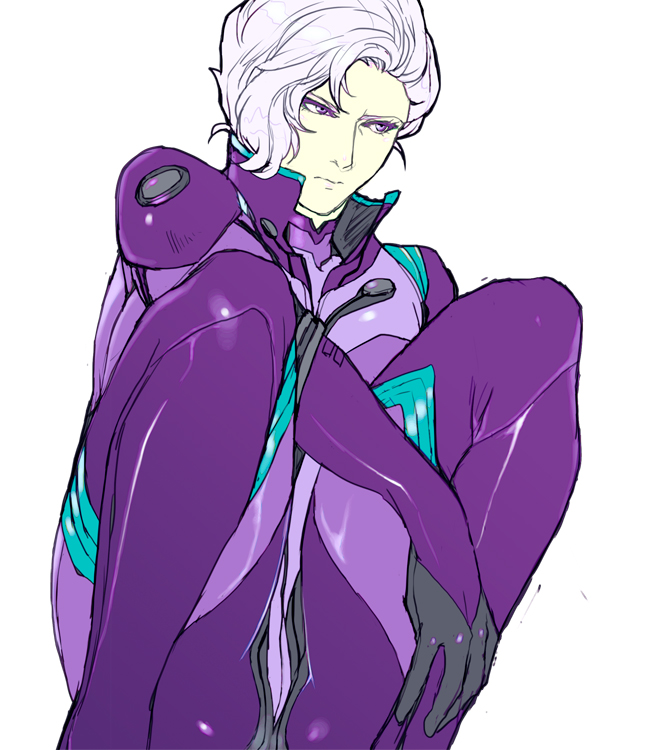 1boy, angelo_sauper, gundam, gundam_unicorn, pilot_suit, silver_hair, snj, solo