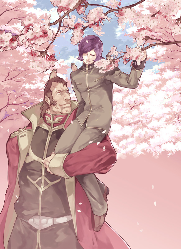 2boys, brothers, brown_hair, cape, cherry_blossoms, dozle_zabi, gakuran, garma_zabi