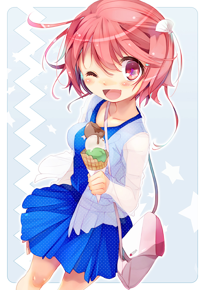1girl, ;d, alternate_costume, bag, breasts, casual, collarbone, fang