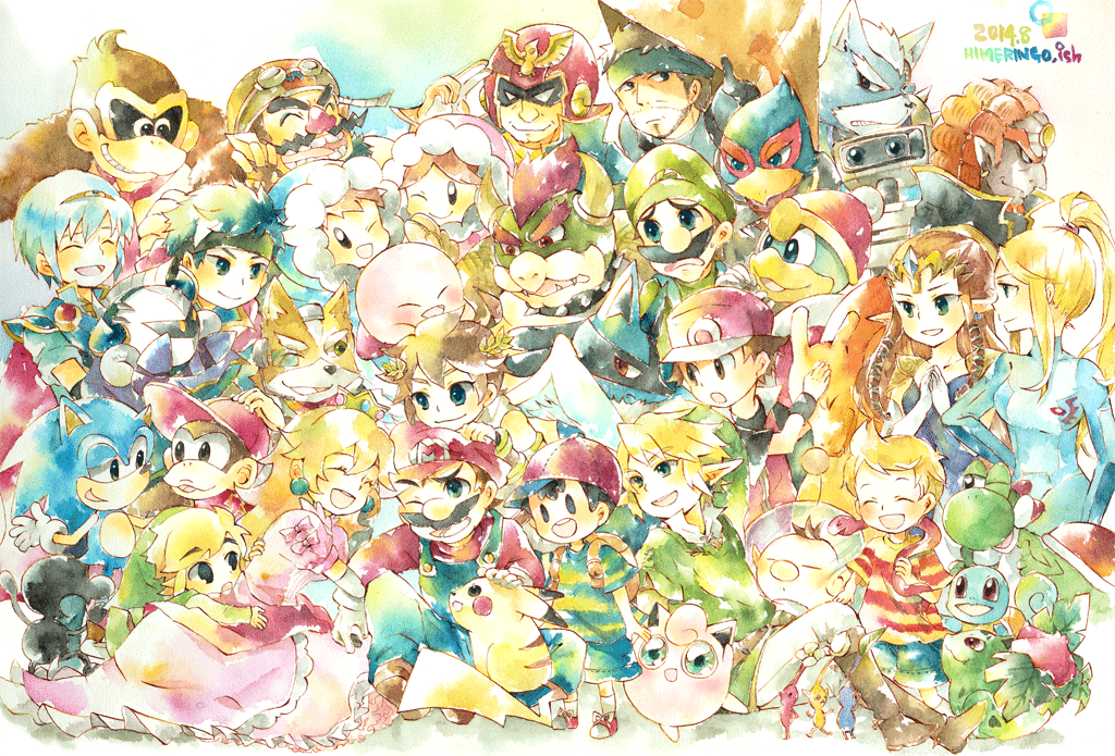black_eyes, black_hair, blonde_hair, blue_eyes, bowser, brown_hair, captain_falcon, charizard